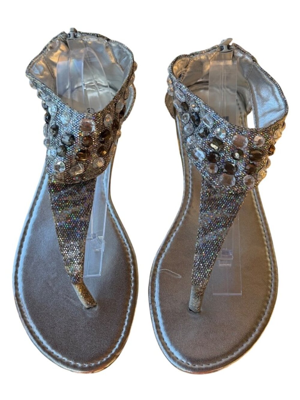 Blue Suede Shoes Brand Silver Faux Jeweled Sandals w/Back Zipper Women's Size 9